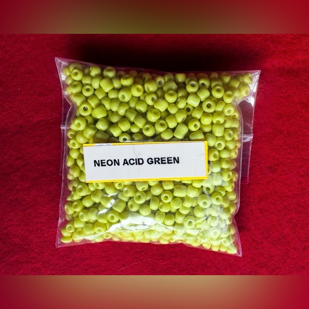 Beads, size 6/0…Neon Acid Green, Light Blue and Magenta.